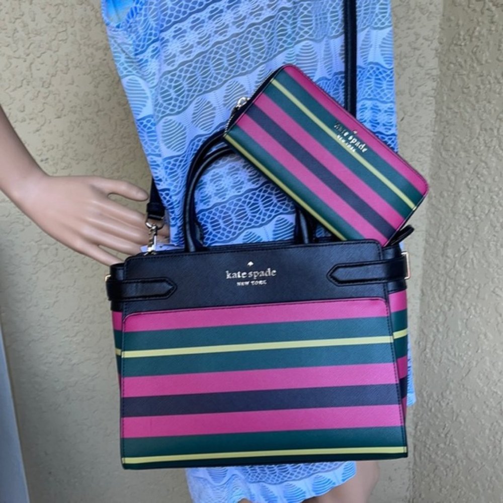 Kate Spade Staci Medium Satchel & Staci Wrapping Paper Stripes Wallet - Picture 2 of 16